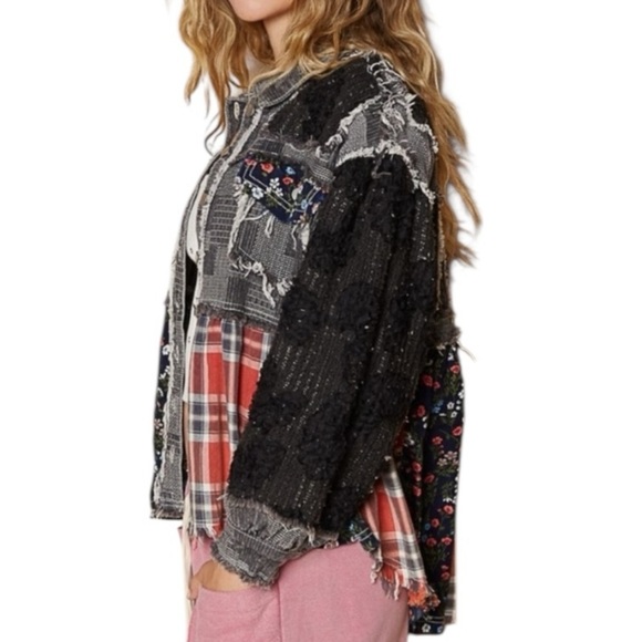 POL Crochet Knit Boho Jacket Retro Floral Farmhouse Plaid Patchwork Size L - Picture 4 of 11